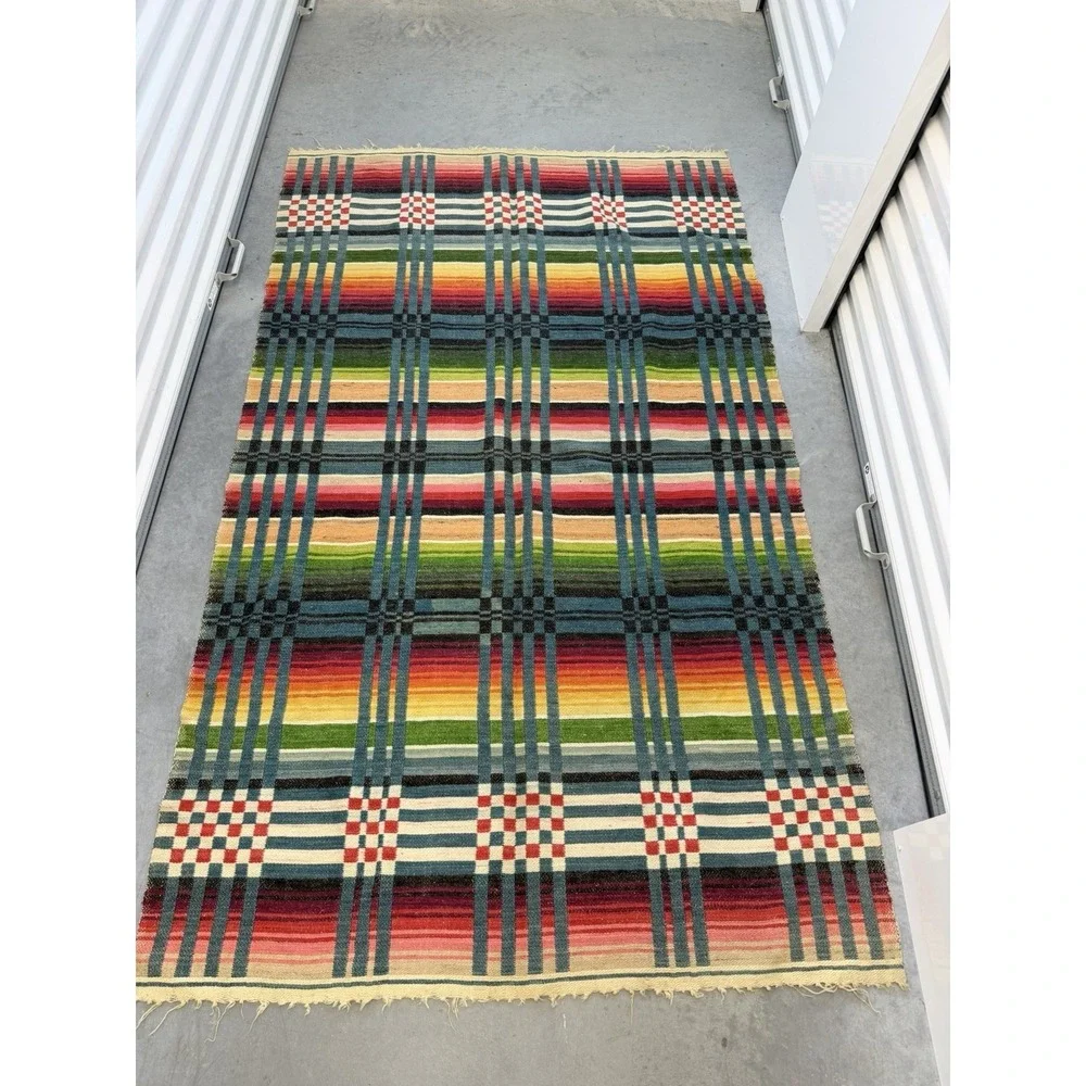 Vintage Woven Mexican Wedding Blanket Multicolor Rare 60s Antique